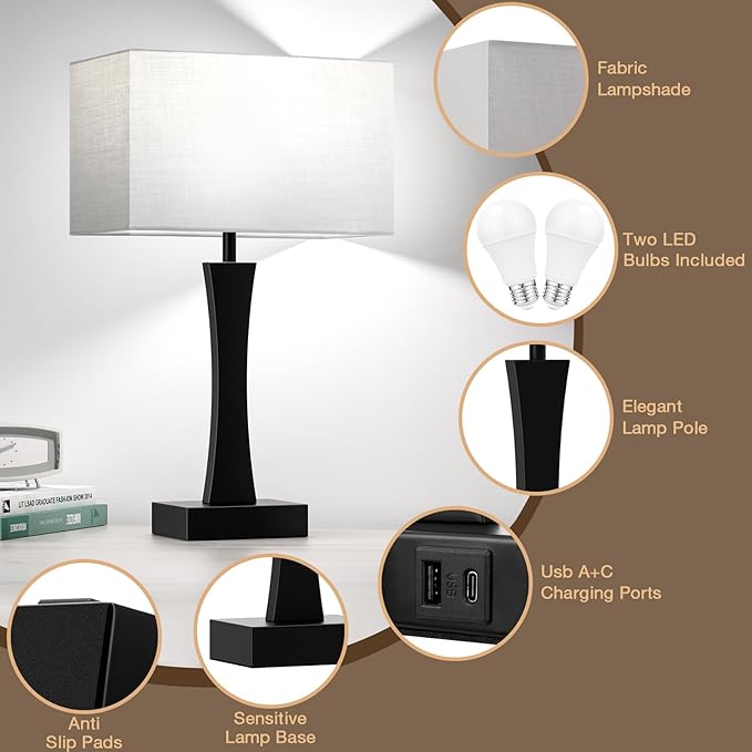 Bedside Lamps for Night Stands - 3 Way Dimmable Table Lamp for Bedroom with USB C+A Ports,Modern Bedside Lamps Set of 2, Touch Lamps for Nightstand Living Room Side Table End Tables(Bulbs Included)