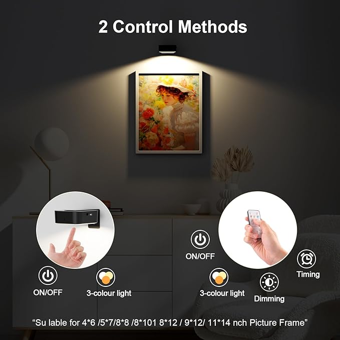 3 Pack Picture Lights for Wall, Rechargeable Battery Operated Wall Lights, Picture Frame Lights with 3 Lighting Modes, Wireless Magnetic Painting Light with Remote Control Timer (Black, 3 Pack)