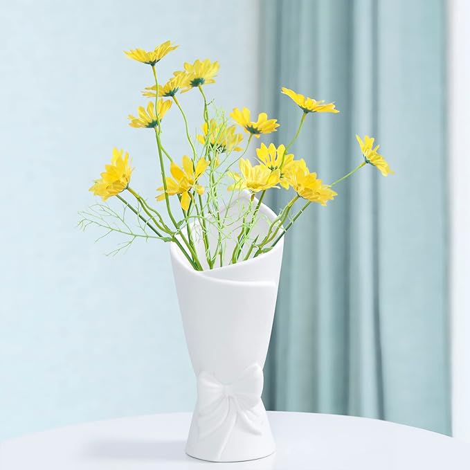 Matte White Bowknot Ceramic Vase, Modern Flower Vases for Home Decor, Pampas, Living Room, Mantel, Table Decoration (Model B)