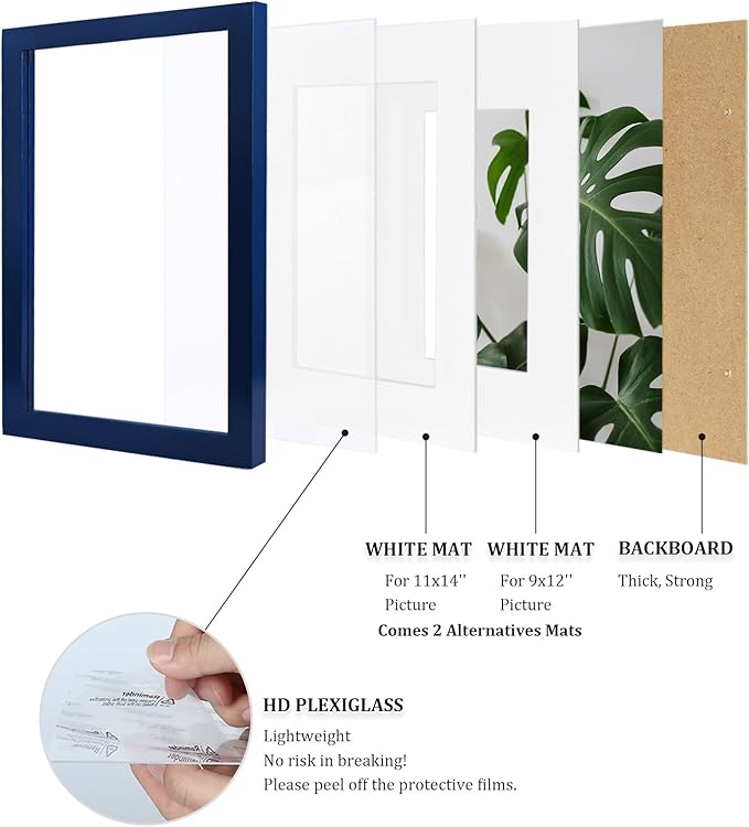 Egofine 12x16 Picture Frames 4PCS Covered by Plexiglass, Made of Solid Wood, Display Pictures 9x12/11x14 with Mat or 12x16 Without Mat for Wall Mounting, Navy Blue