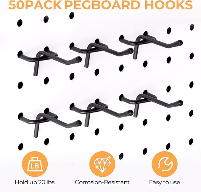 INCLY 50 Pack Black Pegboard Hooks, 2 Inch Metal Peg Board Hooks Accessories, Peg Board Tool Hangers Fit for 1/8“ and 1/4" Pegboard Hanging Tools for Garage, Craft Room, Kitchen, Store