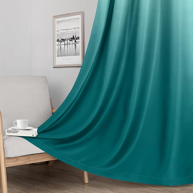 HOMEIDEAS Teal 100% Ombre Blackout Curtains for Bedroom, 52 X 84 Inches Long Room Darkening Gradient Light Blocking Thermal Insulated Grommet Drapes for Living Room, 2 Panels