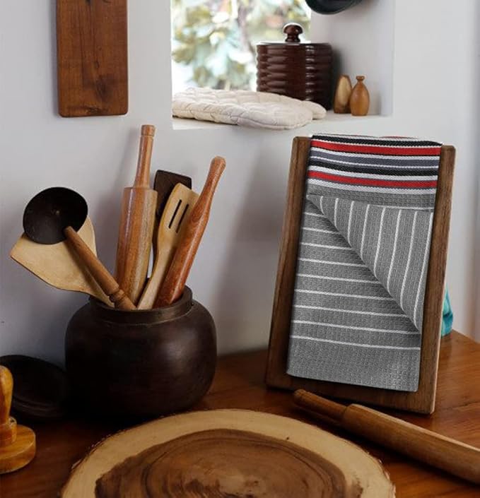 Urban Villa Kitchen Towels Waffle Stripes Dish Towels for Kitchen Grey Color Set of 6 Kitchen Towels Highly Absorbent Cotton Over Sized 20X30 in with Mitered Corners Kitchen Hand Tea Towels