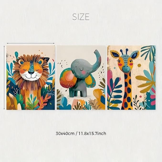 3Pcs Safari Animal Nursery Canvas Wall Art Cute Watercolor Elephant Giraffe Lion Pictures Wall Decor Colorful Jungle Animals Posters Painting Prints for Kids Room Baby Boys and Girls Room, Unframed