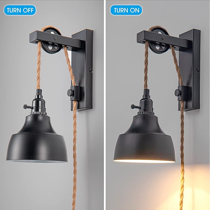 8FT Dimmable Plug in Wall Sconces Pulley Wall Lamps Vintage Hanging Light Fixture Wall Lights with Plug in Dimmable Switch Set of Two Black Wall Lamp for Bedroom, Living Room and Hotel