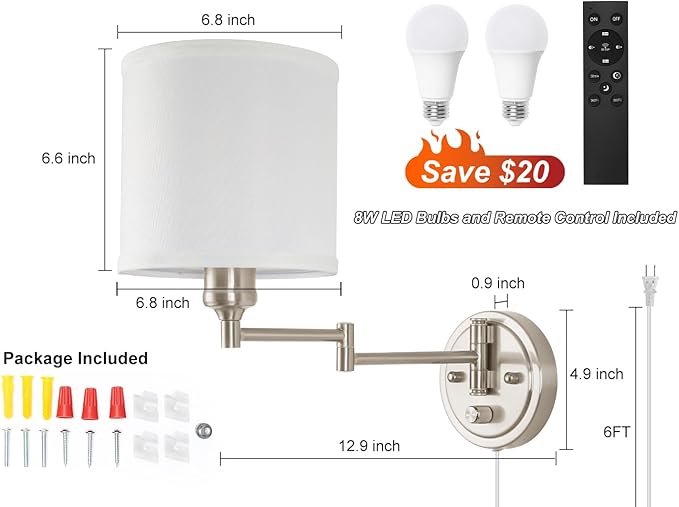 Plug in Wall Sconces with Remote Control, Dimming & Adjustable Colors 2700K-6500K, Hardwire or Plug-in, Swing Arm Wall Lamp with White Fabric Shade, Wall Sconces Set of Two, Brushed Nickel Finish
