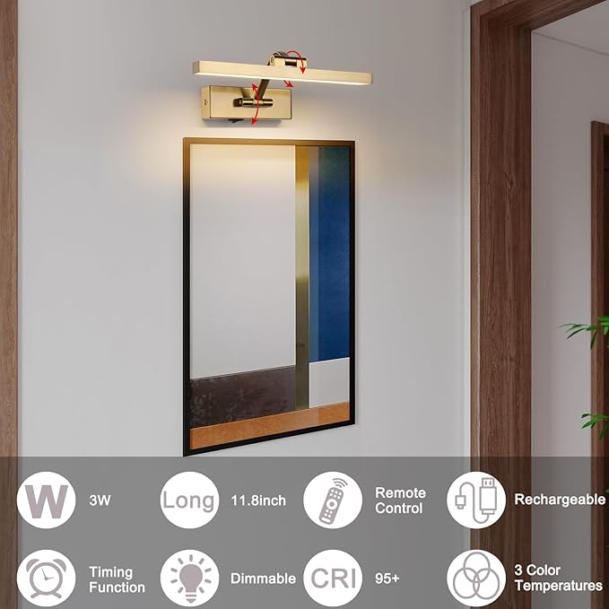Picture Light with Remote 3 Colors Wireless Art Lights for Paintings,Rotatable Wall Sconce Rechargeable Battery Powered Painting Light,Dimmable Light Over Picture Frame for Gallery,Brass 11.6 inch