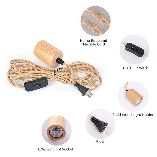Arturesthome Wood Pendant Light Cord Kit with Switch, 9.8FT Vintage Industrial Hanging Light Plug in Lamp Cord with Twisted Nylon Rope Lights Socket E26 E27 for Farmhouse Lamp Cable Retro DIY