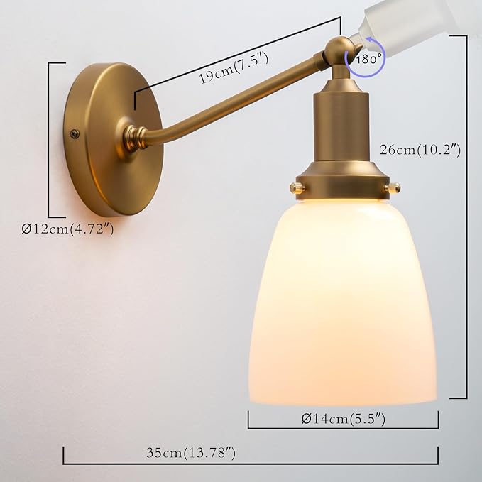 PERMO Industrial Vintage Slope Pole Wall Mount Single Sconce with 5.5" Oval Dome Milk White Glass Shade Wall Sconce Light Lamp Fixture (Antique)