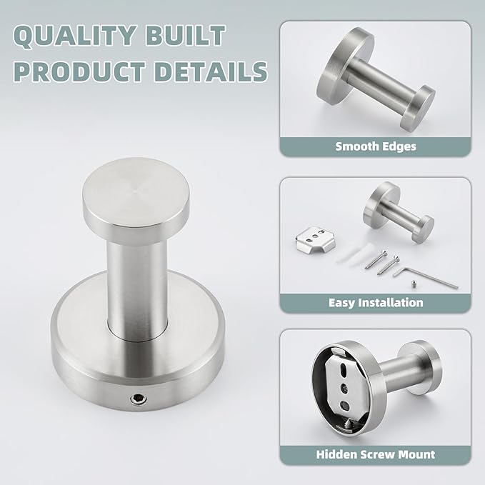 APLusee Brushed Nickel Towel Hook, 304 Stainless Steel Robe Hook for Bathroom, Heavy Duty Hand Towel Hanger Wall Mounted