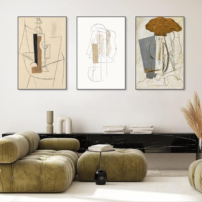FCHUI Framed Wall Art, Boho Wall Art Set of 3, Mid Century Modern Decor 16" x 24", Minimalist Black Beige Neutral Abstract Portrait Canvas Prints Wall Decor for Bedroom Living Room Bathroom…