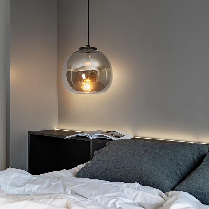 1-Light Mirror Smoke Gray Glass Pendant Lights Kitchen Island Black Hanging Light Fixture 7.87" Glass Globe Pendant Light Modern Pendant Lighting for Kitchen Island Bedroom Dining Room