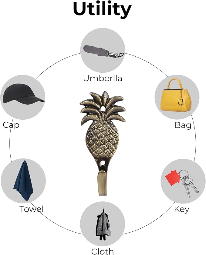 Multipurpose Hooks, Used to Hang Clothes, Bags, Coats, Curtain Hold Backs, Keys, Colour - Antique Gold, Material - Brass, Pineapple Design, Screws and Wallplugs Included, Pack of 2 Pieces