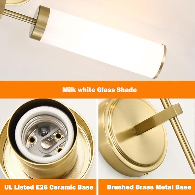 Gold Wall Sconces Set of 2, Modern Bathroom Sconces Wall Lighting with Opal White Glass, Vanity Light Fixtures for Bathroom, Brushed Brass Wall Mount Lights for Living Room Bedroom Hallway, Hardwired