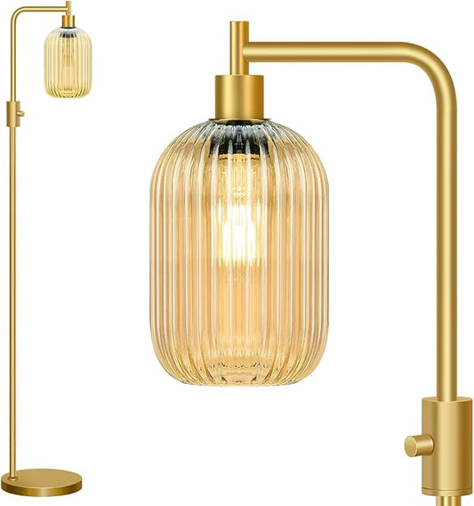 【Upgraded】 Dimmable Glass Floor Lamp for Living Room, Modern Gold Standing Lamp with Amber Ribbed Glass Lampshade & Knob Dimmer, Arc Tall Lamp for Bedroom Office Reading Room, 2700K Led Bulb Included