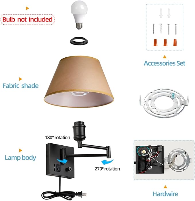 Swing Arm Wall Sconces, Plug-in Wall lamp,Bedroom Wall lamp ， White Fabric Shade with dimmable Switch and USB Charging Port,Suitable for Bedside,Living Room,Reading (Black. Gold Shadow)