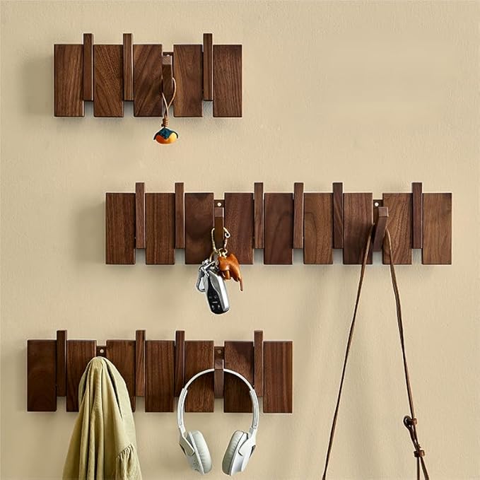 Wood Coat Rack Wall Mounted, Coat Hooks Wall Mount, Flip Down Entryway Wall Art Rack wtih 8 Hooks for Hanging Coats Keys Hats Towels Bags, Walnut