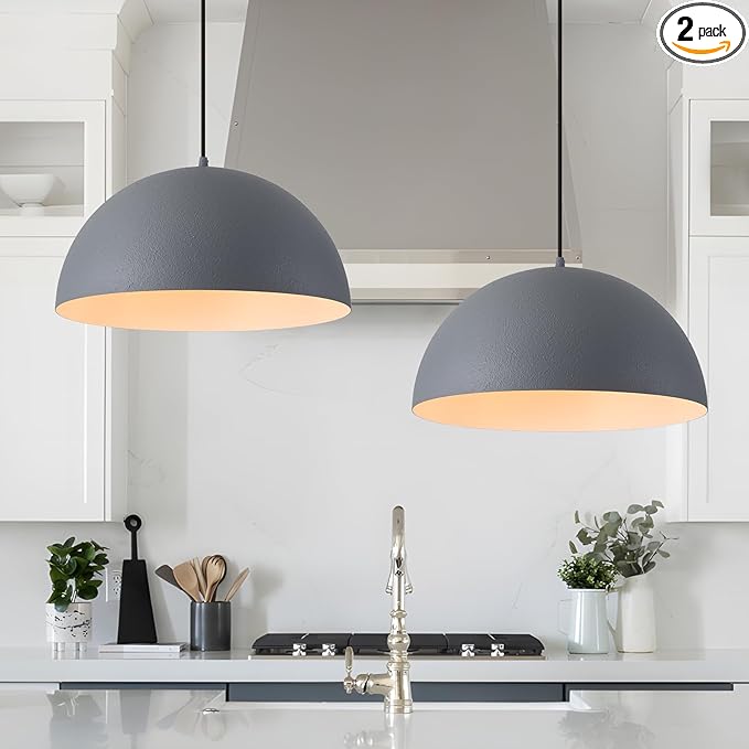 Industrial Pendant Lights Kitchen Island, 16 Inch Grey and White Metal Dome Pendant Light Fixtures, Farmhouse Hanging Light Fixture for Dining Room Restaurant Foyer Cafe, 2 Pack