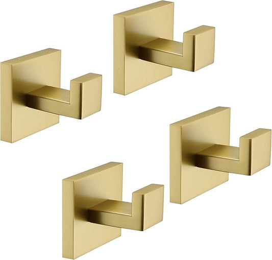 TASTOS Bath Towel Hooks Brushed Gold, 4 Pack Stainless Steel Robe Coat and Clothes Hook, Heavy Duty Wall Hook for Bathroom & Kitchen, Modern Square Style Wall Mounted…
