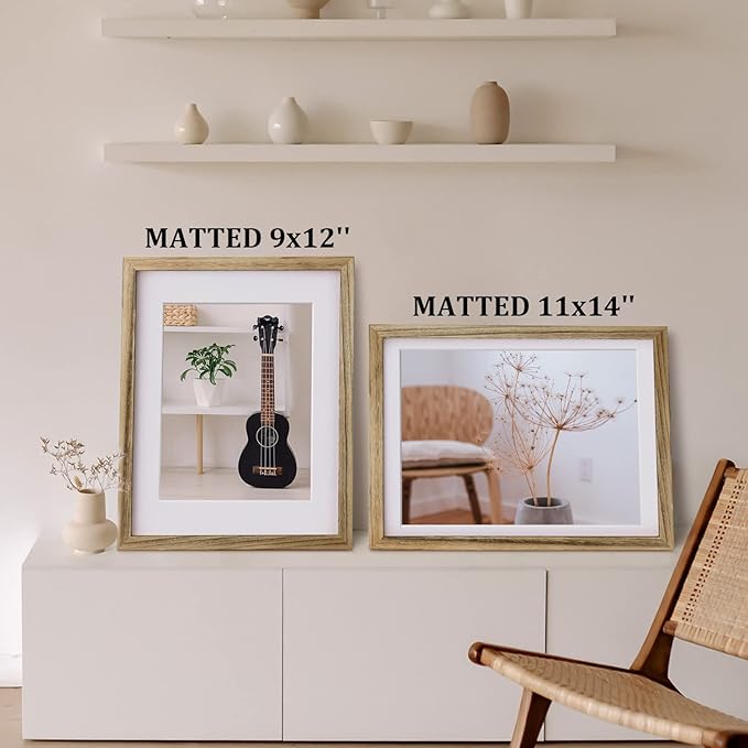 Egofine 12x16 Picture Frame with Plexiglass Made of Solid Wood, Display Pictures 9x12/11x14 with Mat or 12x16 Without Mat Set of 4 for Wall Mounting, Carbonized Brown