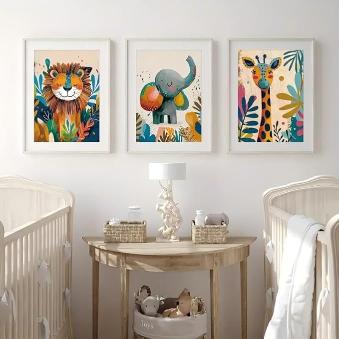 3Pcs Safari Animal Nursery Canvas Wall Art Cute Watercolor Elephant Giraffe Lion Pictures Wall Decor Colorful Jungle Animals Posters Painting Prints for Kids Room Baby Boys and Girls Room, Unframed