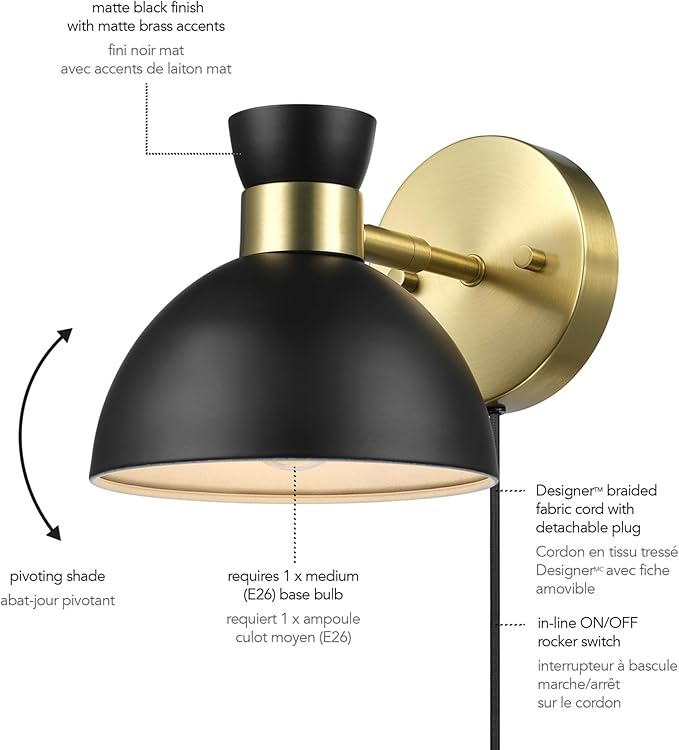 GLOBE Electric 65000100 1-Light Plug-in or Hardwire Wall Sconce, Matte Brass, Black Pivoting Metal Shade, 6ft Black Cord, in-Line Rocker Switch, Wall Lights for Living Room, Hanging Lamp