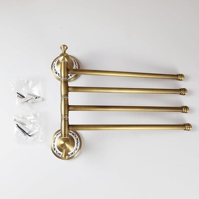 Swivel Towel Rack for Bathroom, Antique Bronze Folding 4 Arms Hand Towel Bars Towel Hanger for Laundry, Wall Mount Storage Space Saving,Porcelain Design
