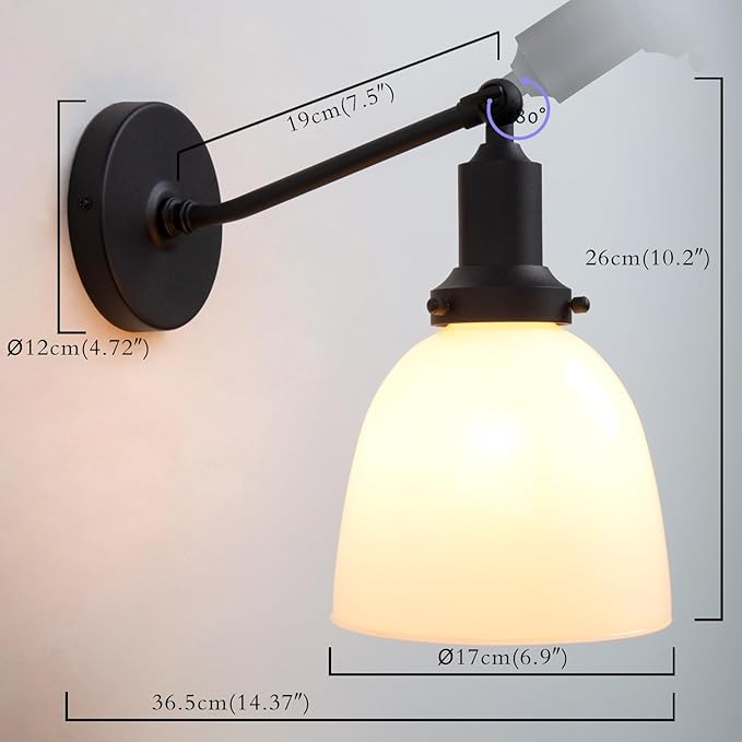 PERMO Industrial Sconces Vintage Slope Pole Wall Mount Single Sconce with 6.7" Oval Dome Milk White Glass Shade Wall Light Fixture for Livingroom Bedroom