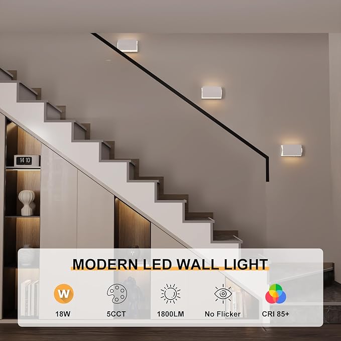 Indoor Modern Led Aluminum Wall Sconces,18W 5CCT 3000K-6000K Dimmable Hardwired Wall Light with Rotatable Lampshade,Contemporary Wall Lamp for Bedroom Living Room Hallway Stairway(White,2Pack)