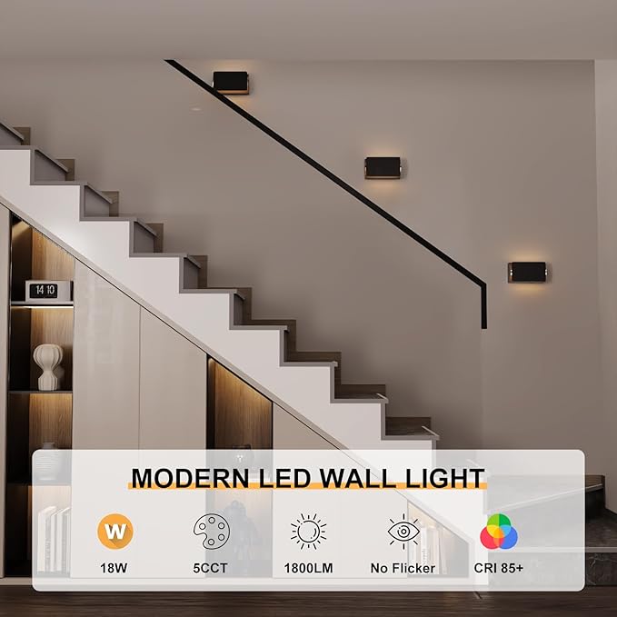 Indoor Modern Led Aluminum Wall Sconces,18W 5CCT 3000K-6000K Dimmable Hardwired Wall Light with Rotatable Lampshade,Contemporary Wall Lamp for Bedroom Living Room Hallway Stairway(Black,2Pack)