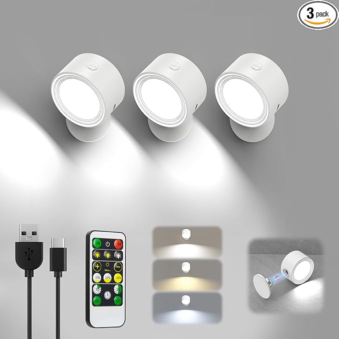 LED Wall Lights, Wall Lamp 3 Color Temperatures & Dimmable Magnetic 360° Rotation with Remote, Wall Sconces 3 Pcs with 3000mAh Rechargeable Battery, Cordless Wall Light for Reading Bedside Hallway