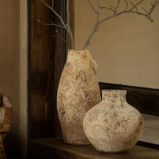 Ceramic Rustic Farmhouse Vase,Extra Large Terra Cotta Vase, Huge Pottery Decorative Flower Vases for Living Room Entryway Table Centerpiece Decor(12.5'' X 7.8'' x 7.8'') (Castle)