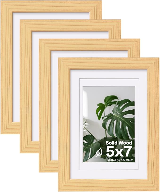Egofine 5x7 Picture Frames Natural Wood Frames with Plexiglass, Display Pictures 3.5x5/4x6 with Mat or 5x7 Without Mat Set of 4 for Tabletop and Wall Mounting