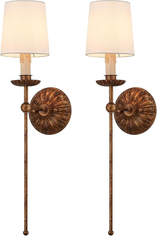 Wall Sconces Set of 2 Antique Brass Wall Lights Vintage Farmhouse Off-White Fabric Wall Lamp for Vanity Stairway Fireplace Living Room Bedside Passway Hallway