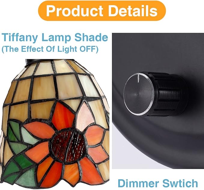 Tiffany Bedside Wall Mount Lamp with Dimmable Switch, Industrial Vintage Gooseneck Wall Sconce with Plug in Cord, Flowers Stained Glass Shade Wall Light Perfect for Bedroom, Living Room and Hotel