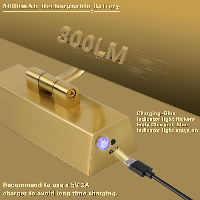 JUSHENG Wireless Picture Lights Battery Operated with Remote and Timer Brass Art Light with Swing Arm Rechargeable Gallery Lighting Artwork Lamp 15.75'' Inch 3W