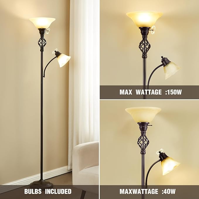 Torchiere Floor Lamp for Living Room, LED Standing Reading Light for Bedroom with Glass Shade for Living Room Corner Bedroom Home Office,Bulbs Included (Yellow Lampshade, Glass 2 Head)