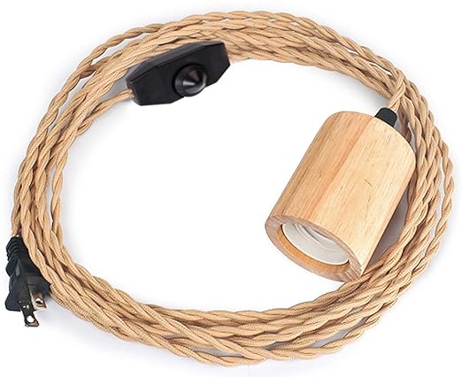 Arturesthome Wood Pendant Light Cord Kit with Dimmable Switch,16.4FT Vintage Industrial Hanging Plug in Lamp Cord with Twisted Nylon Rope Socket E26 E27 for Farmhouse Lamp Cable Retro DIY