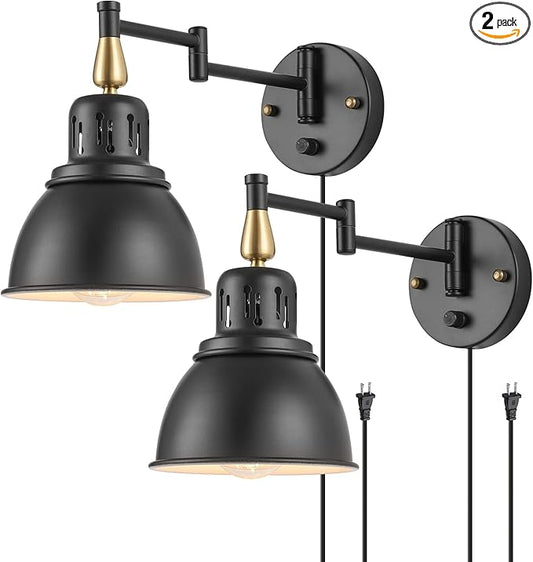 TRLIFE Plug in Wall Sconces, Dimmable Wall Sconces Retractable Swing Arm Wall Lamp with 6FT Plug in Cord and Dimmer Knob On/Off Switch, E26 Base, UL Listed(2 Pack)