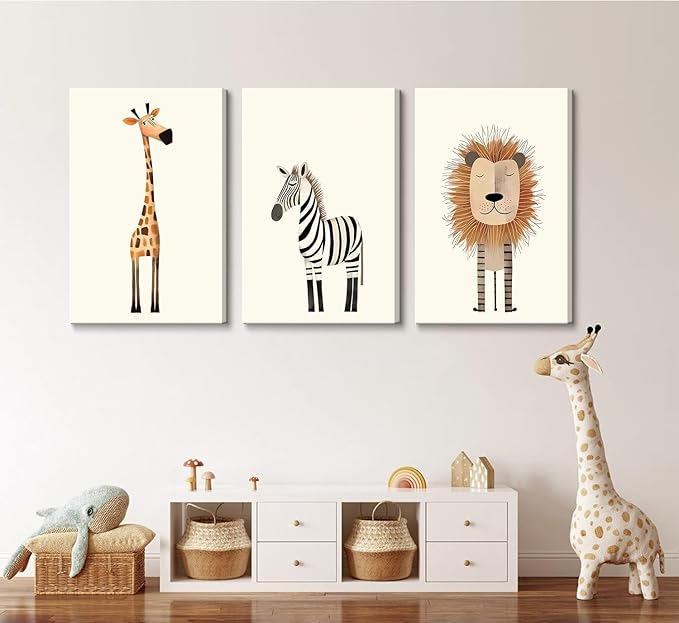 Safari Nursery Wall Art Baby Animal Canvas Wall Decor Cute Giraffe Lion Zebra Jungle Pictures Prints Posters for Baby Boy Girl Children's Room Bedroom Home Decorations 12x16inx3 Framed