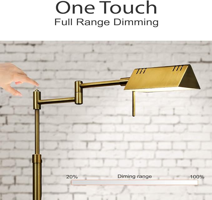 O’Bright Dimmable LED Pharmacy Floor Lamp, 12W LED, Full Range Dimming, 360 Degree Swing Arms, Adjustable Heights, Standing Lamp for Reading, Sewing, and Craft, ETL Listed, Antique Brass (Gold)
