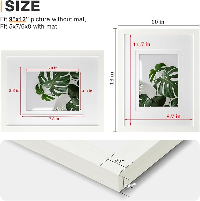 Egofine 9x12 Picture Frames 4PCS Covered by Plexiglass, Wood Frames for Pictures 5x7/6x8 with Mat or 9x12 without Mat, Tabletop and Wall Mounting Display, White with Texture