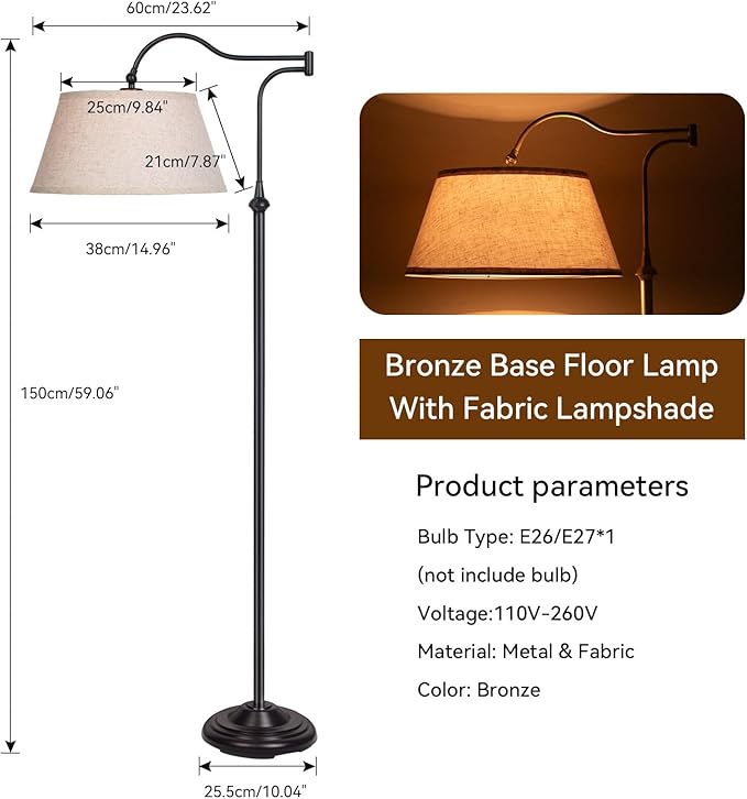 Cantilever Floor Lamp, Standing Chandelier Floor Lamp with 180° Adjustable Swing Arm, Modern Floor Lamps with Linen Shade,Classic Lamp for Living Room Office Bedroom Reading(Black)