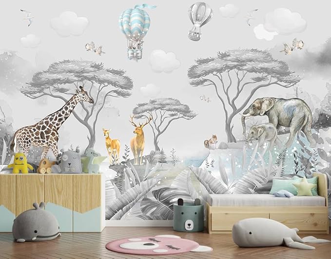 -Tropical Rainforest Plants Animals Tigers Fabric Wallpaper Jungle Plants Banana Leaves Boys Girls Kindergarten Children Bedroom Large Mural- 91"x65"（ not Peel and Stick）