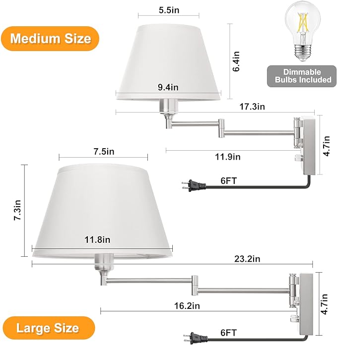 TRLIFE Dimmable Wall Sconce Plug in, Brushed Nickel Wall Sconces Set of Two Swing Arm Wall Lights with Plug in Cord and On/Off Dimmer Rotary Switch, 11.8" Large White Fabric Shade(2 Pack, 2 Bulbs)