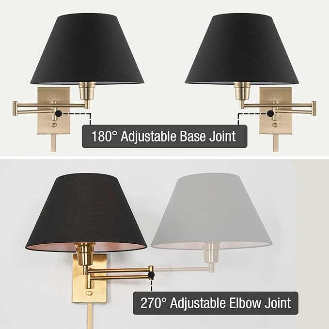 Kira Home Cambridge 15" Modern Swing Arm Wall Lamp - Plug in/Wall Mount + Black Fabric Shade, Cool Brass Finish, 2-Pack