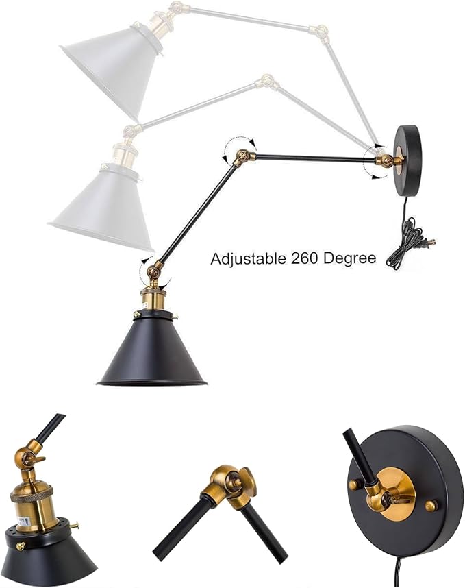 LALUZ Wall Sconces, Modern Swing Arm Plug in or Hardwired Sconces Wall Lighting Lamp with Polished Brass Finish, Wall Sconce Light Lights Indoor for Bedroom, Living Room, Study