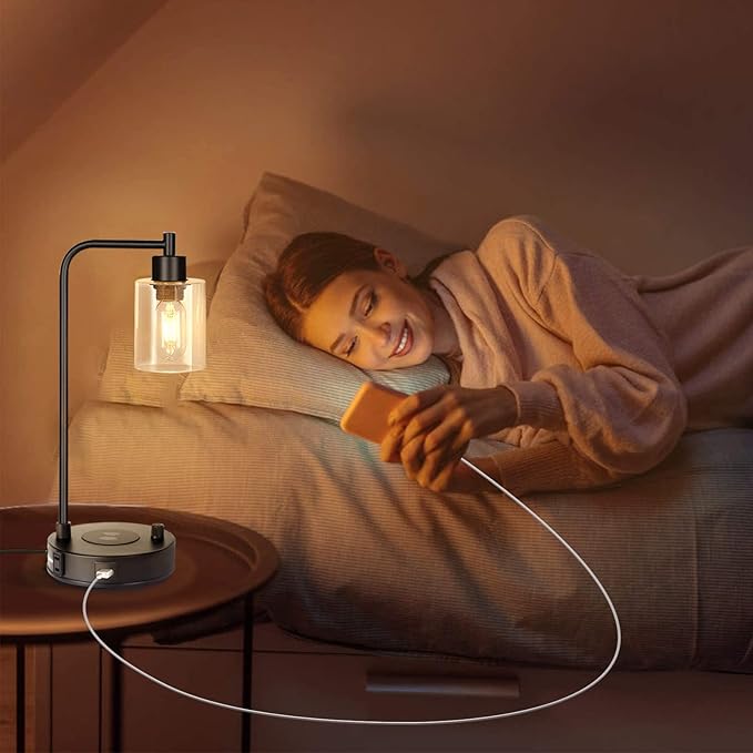 Industrial Table Lamp with Wireless Charing, Fully Stepless Dimmable Lamps Nightstand Lamps, Desk Lamp with Glass Shade Reading Lamp for Office Living Room (Black)