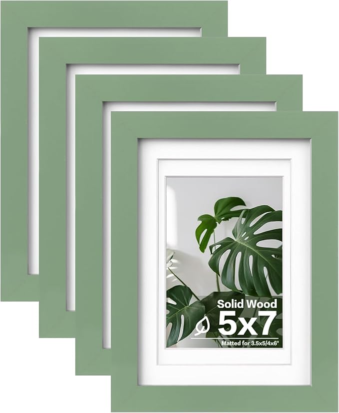 Egofine 5x7 Picture Frame 4PCS Made of Solid Wood, Display Pictures 3.5x5/4x6 with Mat or 5x7 Without Mat Covered by Plexiglass for Table Top Display and Wall Mounting Photo Frame, Green