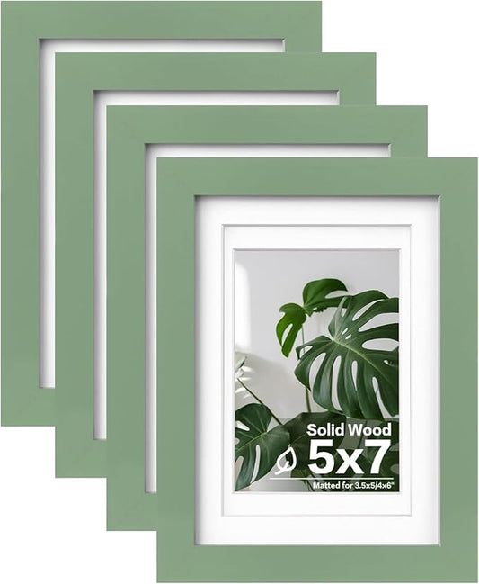 Egofine 5x7 Picture Frame 4PCS Made of Solid Wood, Display Pictures 3.5x5/4x6 with Mat or 5x7 Without Mat Covered by Plexiglass for Table Top Display and Wall Mounting Photo Frame, Green